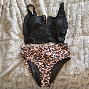 Black and Leopard Print Bikini Set